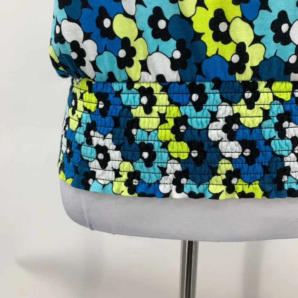 Michael Kors Blouse Womens XS Multi Floral Round Neck Smocked Hem Short Sleeve